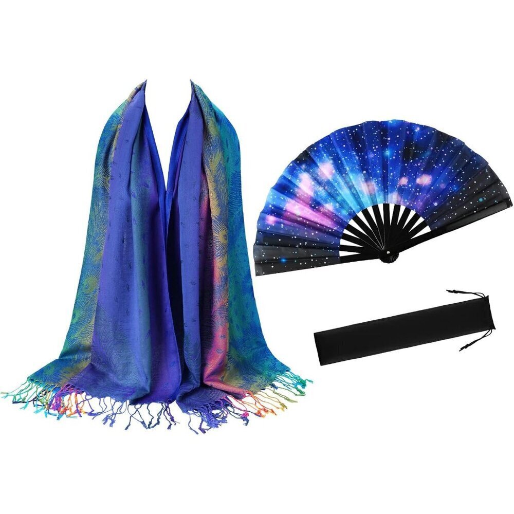 UV Glow Hand Fan & Shawl Set Women's Party Festival Rave Accessories